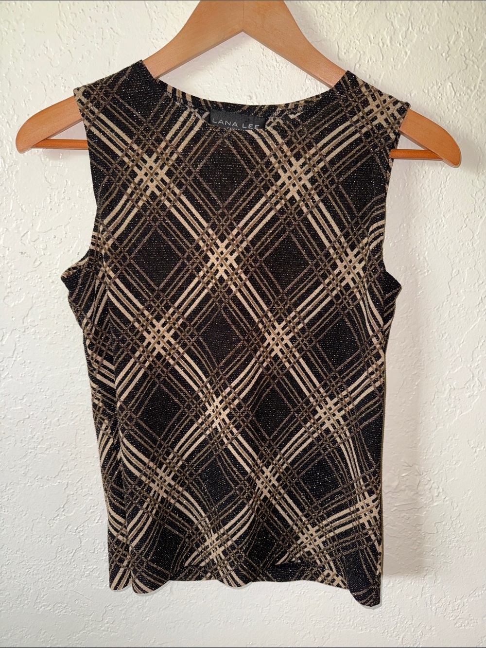 Vintage 70s Plaid Knit Top Metallic Geometric Black Gold Sleeveless Lana Lee